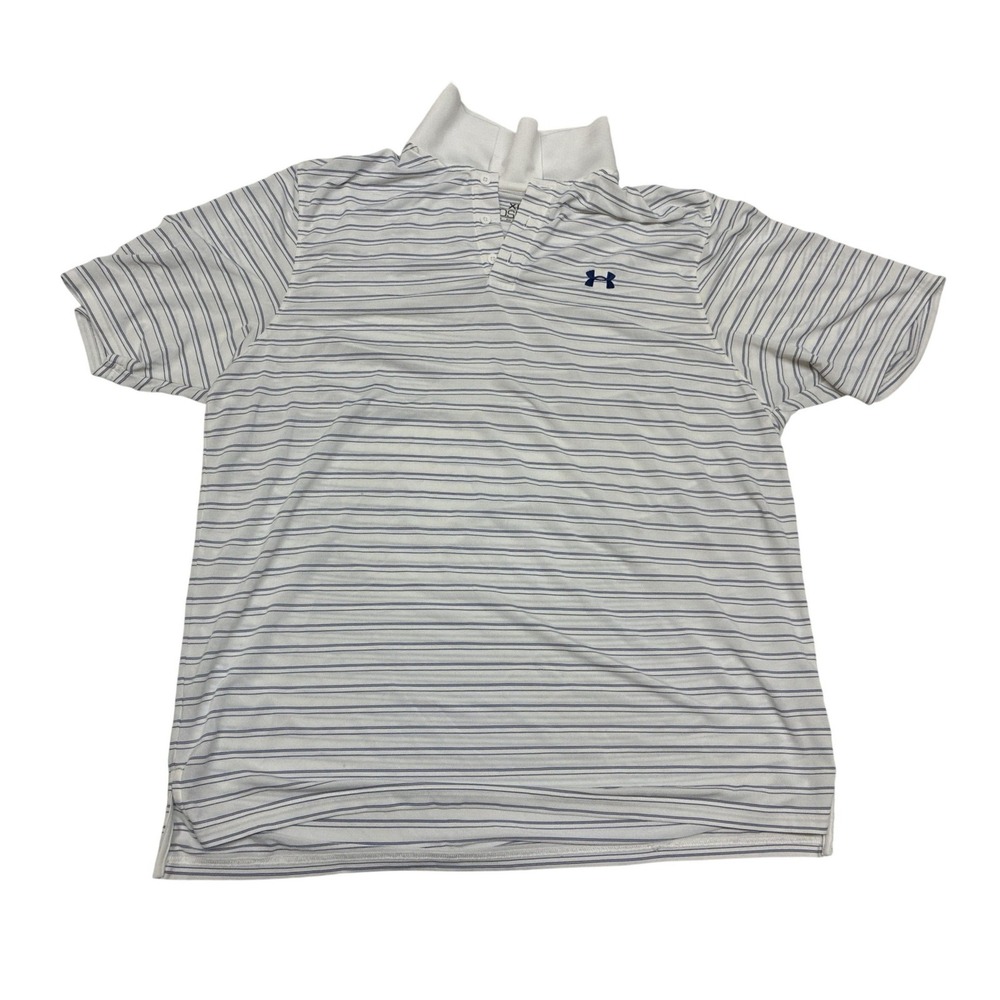Under Armour Mens HeatGear Loose Striped Polo Shirt White Blue XL Short Sleeve
